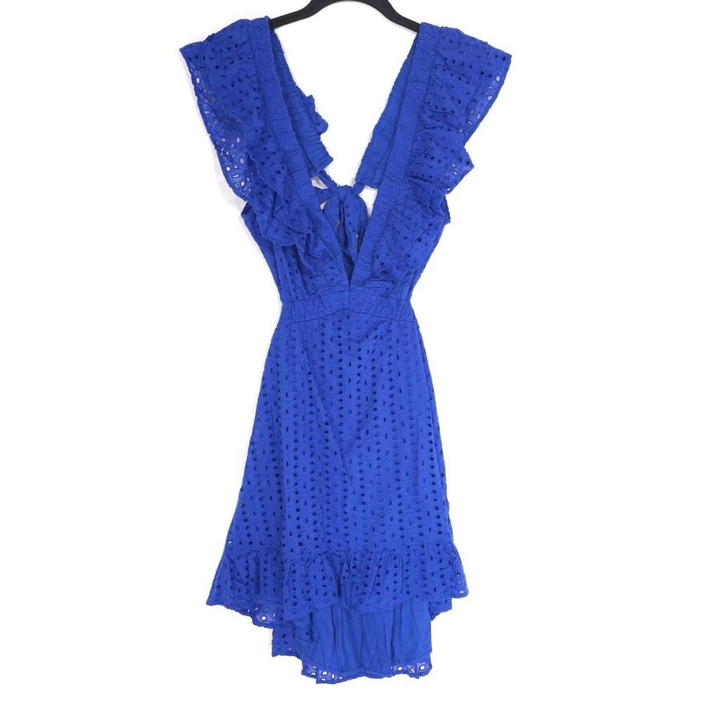 LULUS Women’s New Mini Dress LARGE Blue Eyelet‎ Ruffle Tie Back Cotton Sunshine